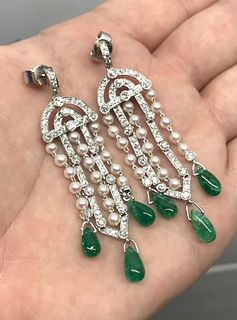 18K Emerald Diamond & Pearl Chandelier EarringsÊ