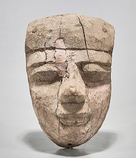 Egyptian Wooden Mummy Mask With Pigment Remnants 