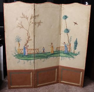 Antique 3 Panel Paint Decorated Leather Screen