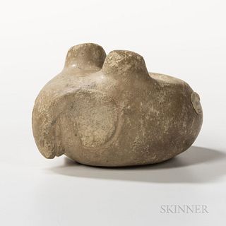 Costa Rican Stone Mace Head, c. 500-1000 AD, alabaster, owl-form, with large curved beak, recessed round eyes, and horns, with central