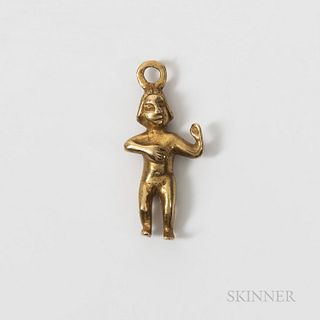 Diquis Gold Pendant Figure, Costa Rica, c. 800-1500 AD, figure of a man, possibly singing, with right hand on chest and left arm raised