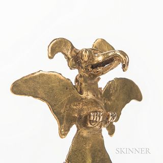 Diquis Gold Avian Pendant, Costa Rica, c. 800-1500 AD, possibly an eagle, with projecting ears, large round eyes, and downturned openwo