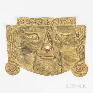 Pre-Columbian Copper Funerary Mask, Chimu, Peru, c. 1000-1400 AD, hammered copper, possibly with some gold content, pierced in places f