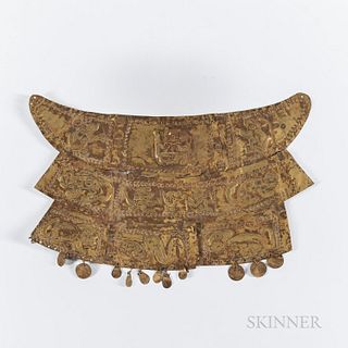Pre-Columbian Copper Pectoral Ornament, Chimu, Peru, c. 1000-1400 AD, hammered copper, possibly with some gold content, three layers of