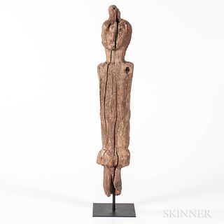 Indonesian Ancestor Figure, Flores Island, elongated torso without arms, simple face and topknot on crown, weathered surface, with meta