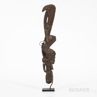 New Guinea Flute Ornament, Iatmul, Middle Sepik River Province, early 20th century, the large hornbill with exaggerated beak, perched a