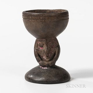 New Guinea Wood Betel Nut Mortar, East Sepik Province, Lower Sepik River, early 20th century, the round base with two ancestor figures,