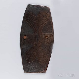 Simbai River Shield, Karam group, Papua New Guinea, early 20th century, hardwood, decorated with a centrally raised and carved foliate