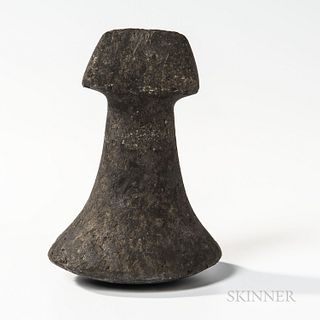 Tahitian Poi Pounder, 19th century or earlier, basalt stone with classic cross triangular top, encrusted surface, ht. 6 1/2 in.