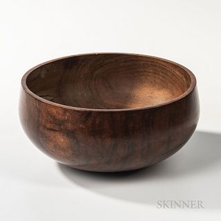 Hawaiian Wood Poi Bowl, late 19th century, probably koa wood, wide deep bowl, with varnished exterior finish and some filled cracks on