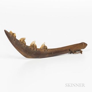 Micronesian Shark Tooth Weapon, Gilbert Islands, 19th century, curved hardwood with four teeth attached with sennit fiber, with fiber w