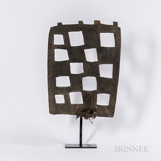 Senufo Dance Headdress, square form with cutout checkerboard design, with trace of rattan head attachment at bottom, with custom bronze