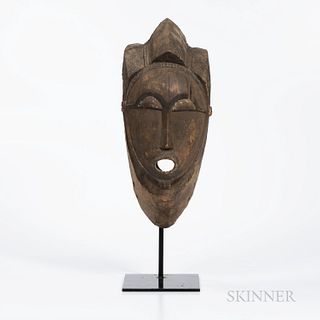Baule Mask, Ivory Coast, hollowed-out portrait mask, with yoke collar around the neck, pointed chin, round, protruding open mouth, elon