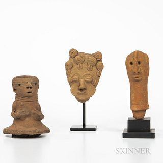 Three Terra-cotta Heads and Torso, Sokoto, Bura, and Akan, a head with elongated neck, mounted on wood base, a flattened face with elab