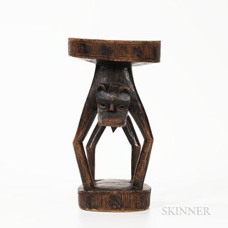 Chokwe Monkey Stool, carved from a single piece of wood, a standing monkey on a thick round platform, with corresponding platform above