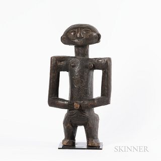 Luba Female Figure, Bahololoholo, Democratic Republic of the Congo, standing on short, heavy legs, with square set shoulders and arms,