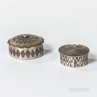 Two Navajo Silver Boxes, the larger with stampwork on the lid and sides, with central turquoise setting, the smaller with stampwork sid
