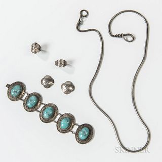 Six Pieces of Navajo Silver and Turquoise Jewelry, a snake necklace, the head with a turquoise and two gem settings; a silver bracelet