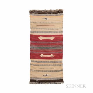 Navajo Saddle Blanket, early 20th century, multicolored banded design with simple central motifs, mounted and framed in a custom-made P