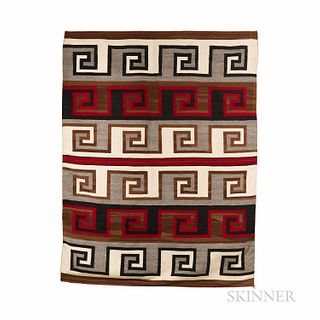 Large Navajo Rug, with six wide bands in multicolored key design, (corners slightly curled), 83 1/2 x 64 in.