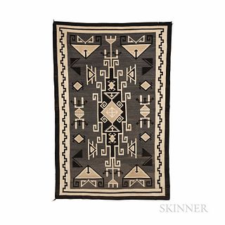 Navajo Two Grey Hills Rug, the dark border with inner key frame on the long sides, with a complex geometric design on a gray ground, (s