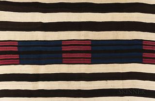 Classic Navajo Man's Wearing Blanket, woven in handspun and raveled wool, in natural ivory and variegated brown, rich indigo blue, and