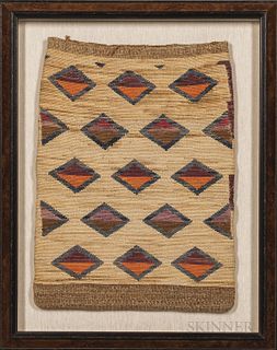 Nez Perce Flat Twined Storage Bag, finely woven in cornhusk, decorated with five rows of diamonds in red, purple, brown, orange and blu
