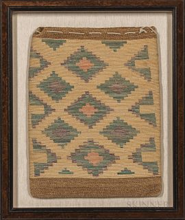 Nez Perce Flat Twined Storage Bag, finely woven in cornhusk, decorated with terraced diamonds motifs overall in purple, green and pink