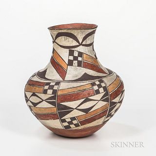 Acoma Polychrome Pottery Jar, the high neck type, with stylized geometric and foliate painted designs and red base, ht. 10 3/4, wd. 9 1