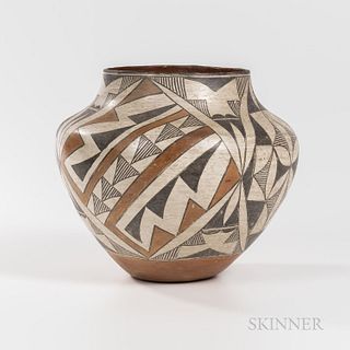 Southwest Polychrome Pottery Olla, Acoma, c. 1920s, the high-shouldered form with black painted rim and decorated with orange and black