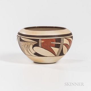 Contemporary Southwest Pottery Bowl, Hopi, Joy Navasie (1919-2012), bowl form, decorated below the shoulder with abstract feather and g