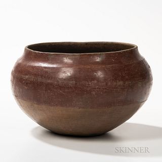 Large Southwest Pottery Bowl, San Juan, early 20th century, redware bowl, with red slip halfway down from the rim, ht. 8 1/4, wd. 12 in