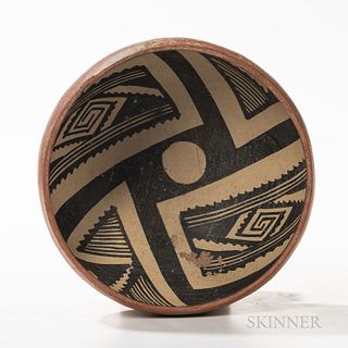 Southwest Polychrome Pottery Bowl, Tonto, redware bowl decorated on the interior with abstract geometric designs in black on tan ground