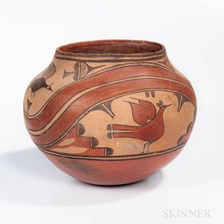 Southwest Polychrome Pottery Olla, Zia, c. first quarter 20th century, the high-shouldered form with flying bird motifs and double undu