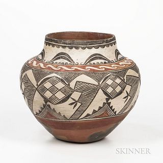 Southwest Polychrome Pottery Jar, Zia, c. 1900-20s, decorated with red and black abstract linear and curvilinear devices on a cream-col