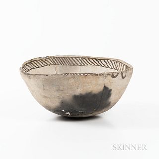 Anasazi Painted Pottery Bowl, c. 1200-1300 AD, design on the interior, reassembled from pieces, some restoration, ht. 3 1/2, wd. 7 1/4