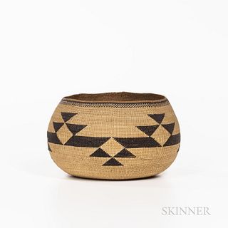 Hupa Polychrome Basketry Bowl, early 20th century, with dark brown mostly triangular geometric designs, ht. 4, wd. 7 in.