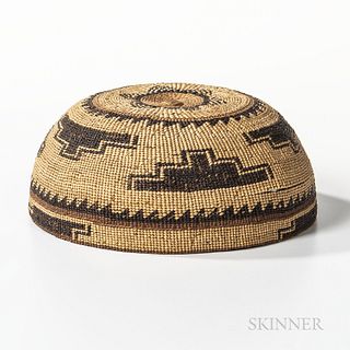 Northwest California Polychrome Basketry Hat, Hupa, c. 1900, with three separate areas of colored geometric decoration on the rim, body
