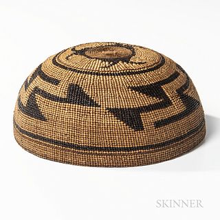 Northwest California Polychrome Basketry Hat, Hupa, late 19th century, with two separate areas of bold geometric decoration on the top