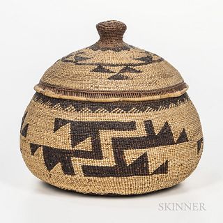 Northwest California Polychrome Lidded Basket, Hupa/Yurok, c. 1900, tightly woven with dark brown geometric devices, repeated on the li