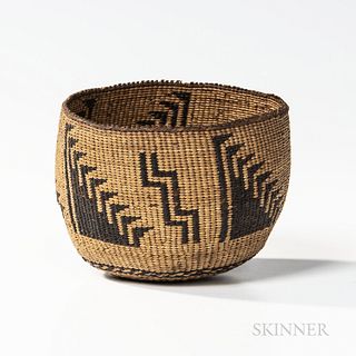 Northwest California Polychrome Basketry Bowl, Yurok, c. 1900, tightly woven, the straight sides with dark brown stepped diagonal devic