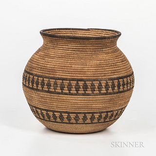 Yokuts Polychrome Basketry Jar, or Chemehuevi, c. 1900, tightly woven, flat bottom vessel, decorated with two bands containing vertical