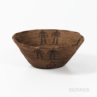 Yokuts Polychrome Pictorial Basketry Bowl, c. 1900, the flat bottom, with flared sides, decorated with diamond pattern and four pairs o