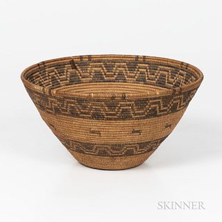 Yokuts Polychrome Basketry Bowl, c. 1900, the flat base, with deep flaring bundle coiled sides, finely woven with redbud on a golden gr