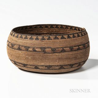 California Coiled Basketry Bowl, Mono or Mission, c. late 19th century, the flat bottom, shallow form tightly woven, band of triangles