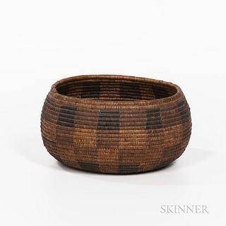 California Coiled Basketry Bowl, c. 1900, with a repeating two-color square design overall, ht. 4, wd. 8 in.