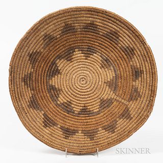Southwest Coiled Basketry Tray, Navajo, a wedding tray with typical petal design in two colors, (minor stitch loss at rim), ht. 3, wd.