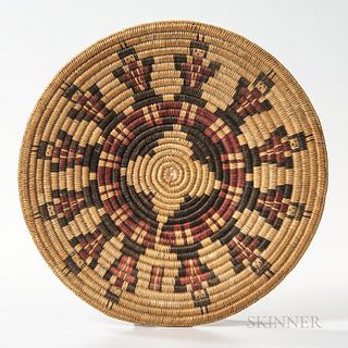 Southwest Pictorial Basketry Tray, Ute/Navajo, early 20th century, coiled tray with abstract human figures radiating from the center, d
