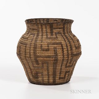 Pima Coiled Basketry Storage Jar, early 20th century, olla-shaped basket with flat bottom and bold geometric devices, ht. 10, wd. 10 1/