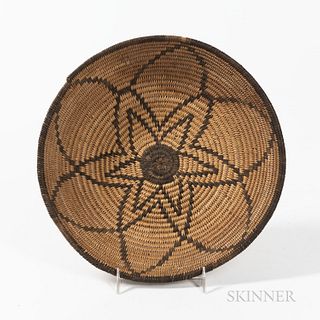 Southwest Coiled Basketry Tray, Apache, c. 1900, flat bottom and gently flared sides, with radiating petal design, (minor rim loss), ht